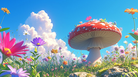 蓝天下开满花朵的草地上一个可爱的卡通毛线蘑菇高清图片