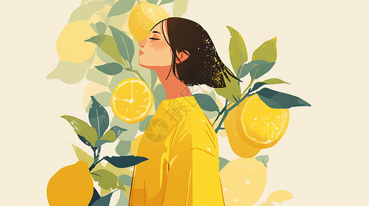 在柠檬花园中的扁平风清新女孩背景图片