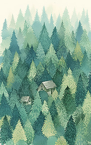 茂密绿色森林茂密的森林中一座简约木屋插画