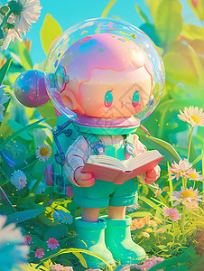 可爱的卡通人物手拿着书站在花丛中背景图片