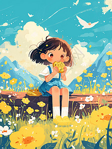 蓝色背带裙坐在木头上吃饼干穿背带裙的可爱卡通美丽女孩插画