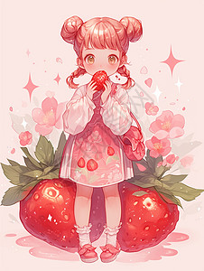 站在红色大草莓旁古风装扮可爱吃草莓的小女孩背景图片