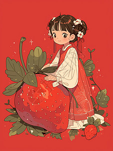 红色背景站在红色大草莓旁古风装扮可爱的卡通小女孩背景图片