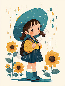 戴帽子的卡通在花丛中的可爱戴帽子的小女孩插画