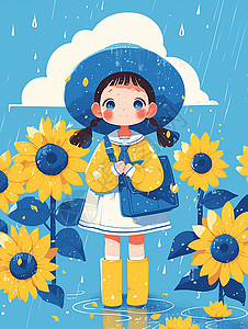 正在下雨站在向日葵园里的可爱卡通小女孩背景图片