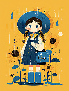 包雨黄色背景雨中站在向日葵园里的可爱卡通小女孩插画