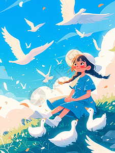 大白鹅蓝天下坐在绿色山坡上放鹅的可爱卡通小女孩插画