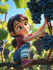 在园中摘葡萄的可爱女孩背景图片