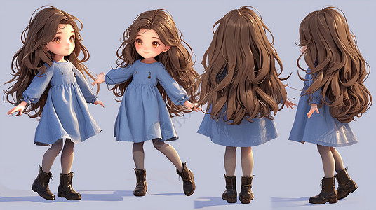 抱空调表情深蓝色连衣裙抱着肩膀各种生气表情的长发小女孩插画