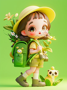 背着绿色书包踏青旅行徒步的小女孩背景图片
