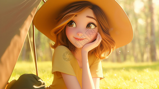 阳光下戴着遮阳帽在露营帐篷外欣赏风景的卡通小女孩高清图片