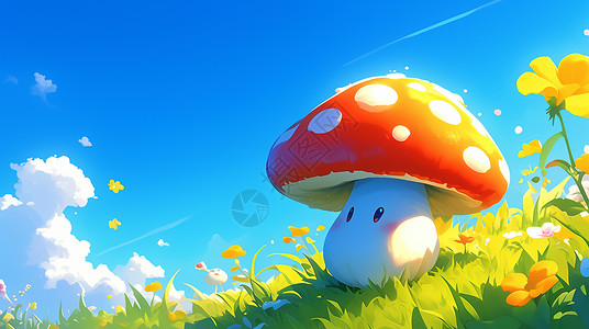 绿草地上的花蓝天白云下绿油油的草地上可爱蘑菇插画