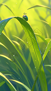 绿色草叶雨后趴在草叶上一个可爱小小的卡通七星瓢虫插画