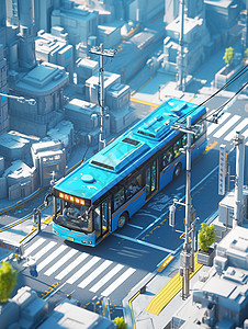 斑马线街道在城市街道上行驶的蓝色卡通公交车插画