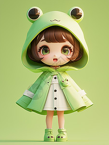 绿色斗篷头戴青蛙帽子穿着斗篷的立体可爱的小女孩插画