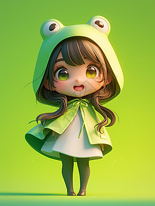 绿色斗篷头戴青蛙帽子的立体可爱的卡通小女孩插画