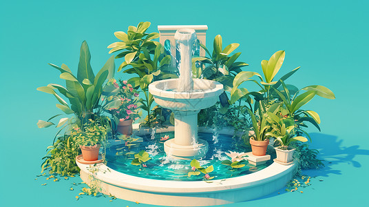 满是植物的卡通喷泉背景图片