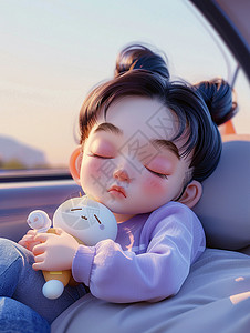 坐在车上抱着玩具睡觉的可爱小女孩背景图片