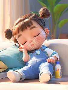 睡着小女孩穿着蓝色背带牛仔裤依靠在沙发上睡着了的卡通小女孩插画