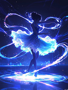 蓝紫炫光夜晚漂亮优雅的卡通女人在跳舞炫光围绕在身旁插画