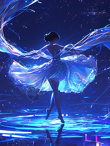 蓝炫光夜晚优雅的卡通女人在跳舞蓝色炫光围绕在身旁插画