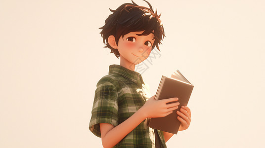 格子背景穿着格子衬衫在认真学习的可爱小男孩插画