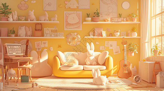 儿童房玩具可爱的卡通沙发上放着玩具插画