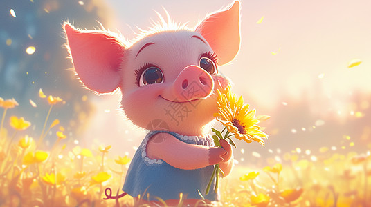 可爱的卡通小猪春天怀抱着花束站在花丛中的可爱小猪插画