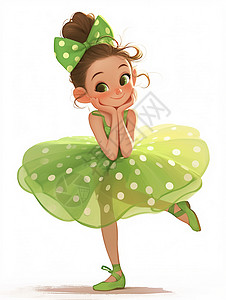 穿着波点裙头带蝴蝶结跳舞的可爱卡通小女孩高清图片