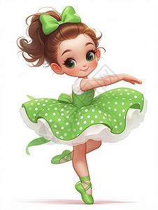绿色一字肩裙穿着绿色波点裙头带蝴蝶结跳舞的卡通小女孩插画