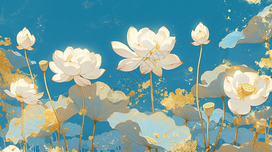 金色中国风底纹中国风唯美优雅的卡通荷花插画