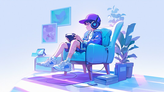 戴着棒球帽坐在沙发上看书听音乐的卡通男孩背景图片