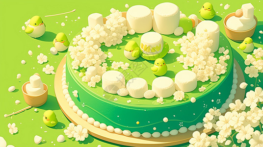 清新绿色调春天主题唯美的卡通蛋糕背景图片