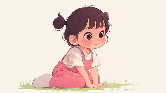 粉色背带裤坐在草地上休息的可爱卡通小女孩背景图片