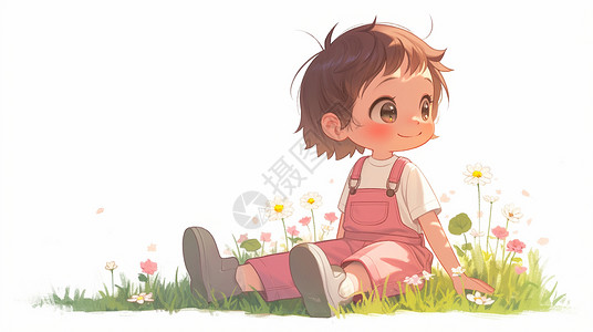 穿着背带裤坐在草地上休息的可爱卡通小女孩背景图片