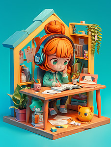 坐在小小书房内认真写作业看书的可爱卡通小女孩背景图片
