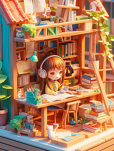 小小书房内认真写作业看书的可爱卡通小女孩背景图片