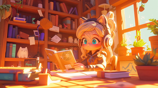 午后坐在书房内看书的可爱卡通小女孩背景图片