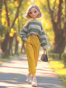 女孩在散步走路春天穿着时尚背着包走的卡通年轻女孩插画