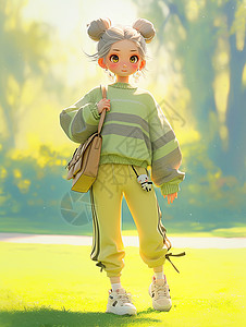 女孩在散步走路春天穿着时尚背着包走在小路上的年轻女孩插画