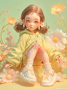 坐在花丛中穿着绿色外套清新可爱的小女孩背景图片