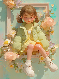 花丛中穿着绿色外套清新可爱的卡通小女孩背景图片