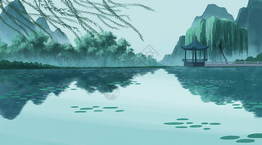 湖面背景山水自然风景插画