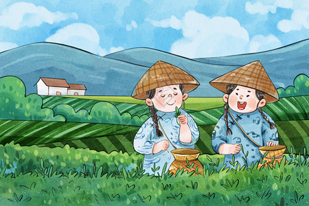 绿色茶叶手绘水彩两位女孩采茶治愈系场景插画插画