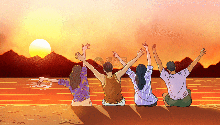 五四青年节一群坐在海边的青年看夕阳GIF图片
