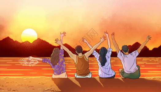 五四青年节一群坐在海边的青年看夕阳GIF高清图片
