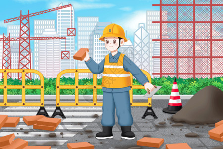 电钻工人五一劳动节插画劳动的建筑工人GIF高清图片