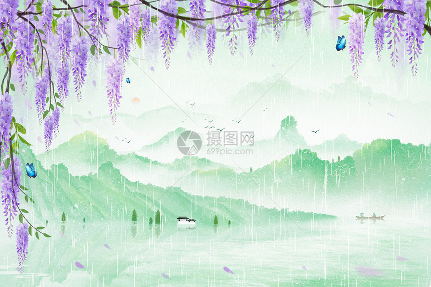 春天水墨紫藤萝花谷雨气节插画图片