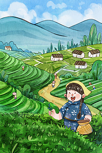 山西面茶手绘水彩采茶女孩茶田风景乡村小清新插画插画