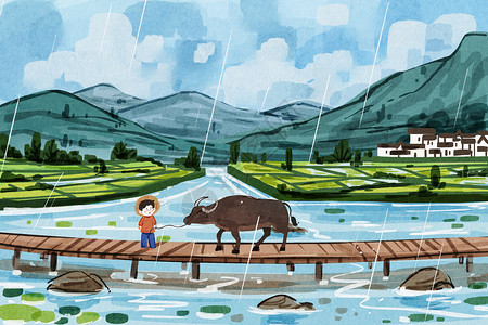 牛娃手绘水彩谷雨节气溪流小桥大场景插画插画